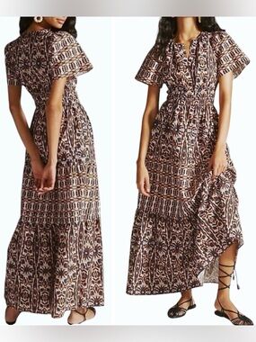 Anthropologie Maeve Somerset Maxi in Orange Navy 100%Cotton Maxi PulloverDress S